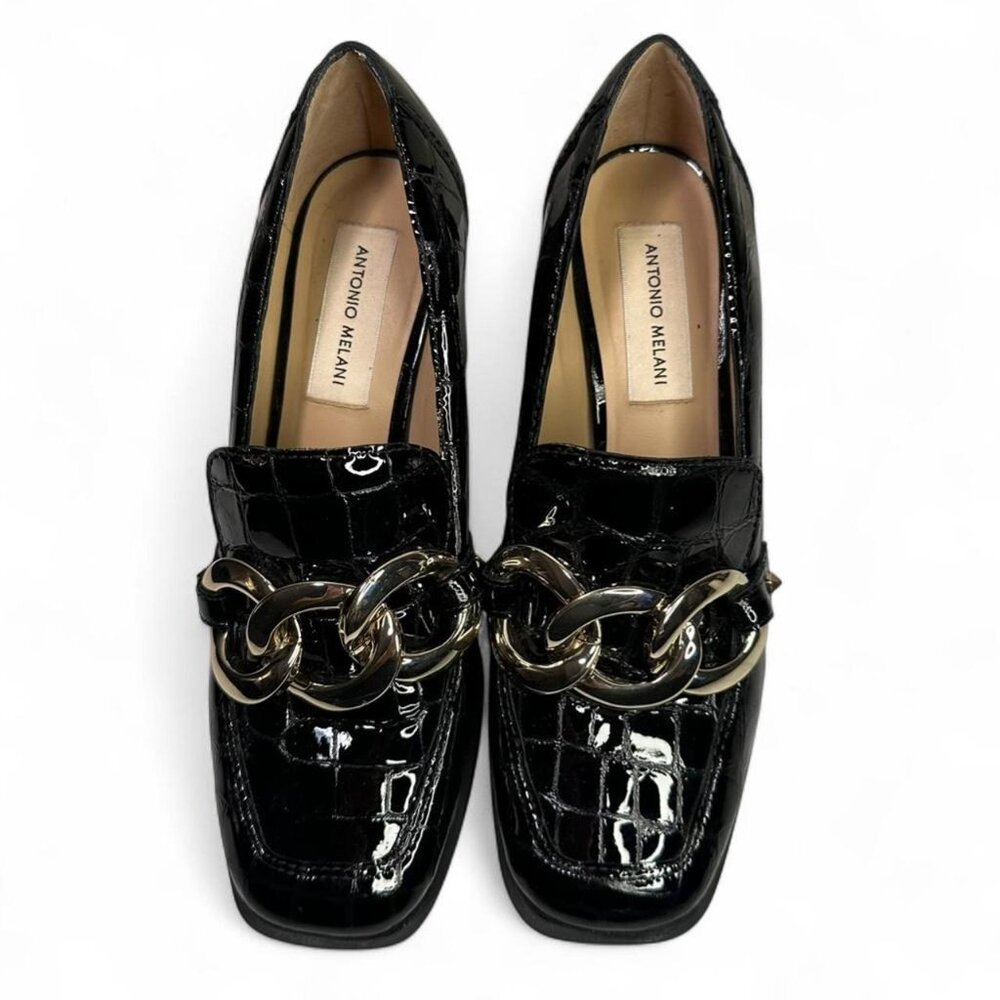ANTONIO MELANI Harpez Croc Embossed Black Leather Chunky Heel Loafers